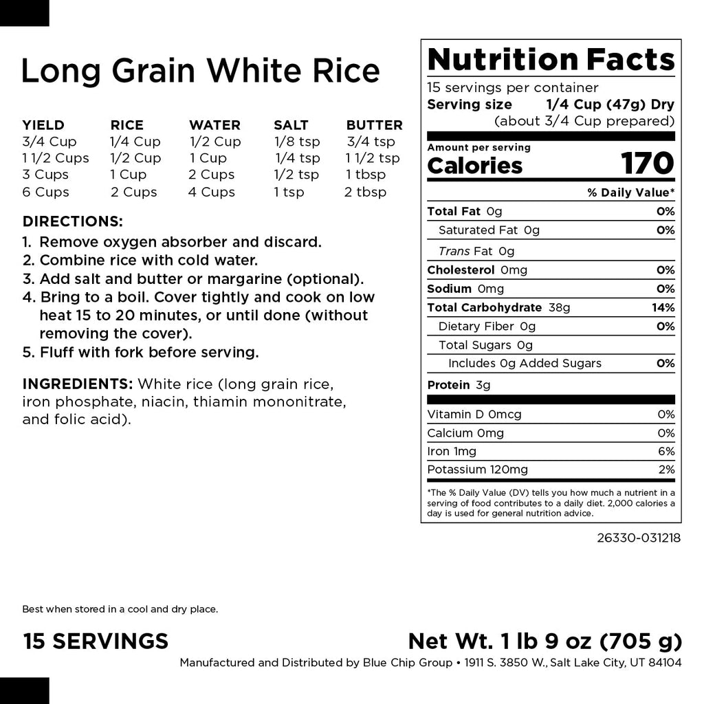 Long Grain White Rice, 15 Servings - Augason Farms