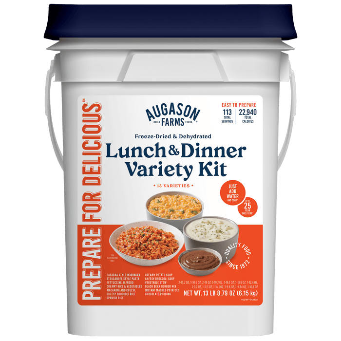 The white plastic bucket, labeled "Augason Farms Lunch and Dinner Variety Pail, 113 Servings," showcases quick-prep meals and highlights 13 varieties—ideal for emergency food supply or long-term storage.