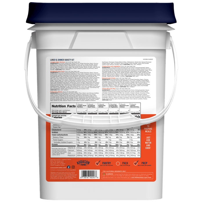 The Augason Farms Lunch and Dinner Variety Pail, 113 Servings, is a white food storage bucket with a blue lid, ideal for long-term food storage. Nutritional facts and preparation instructions are clearly printed on the back label.