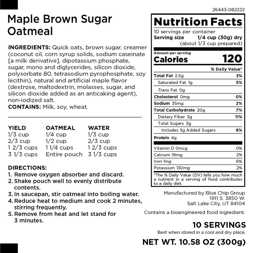 Maple Brown Sugar Oatmeal, 10 Servings - Augason Farms