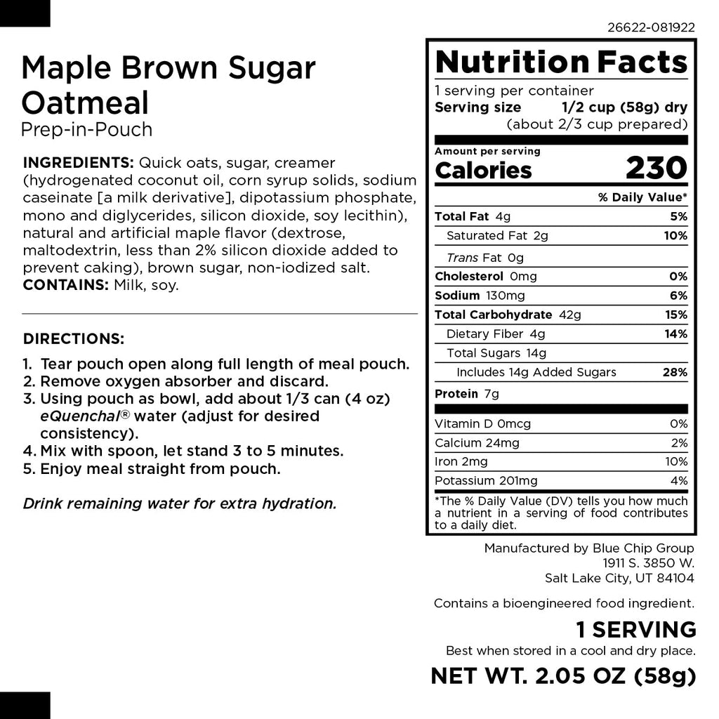 Maple Brown Sugar Oatmeal, Cold Fill, No Heat Required, 1 Serving - Augason Farms