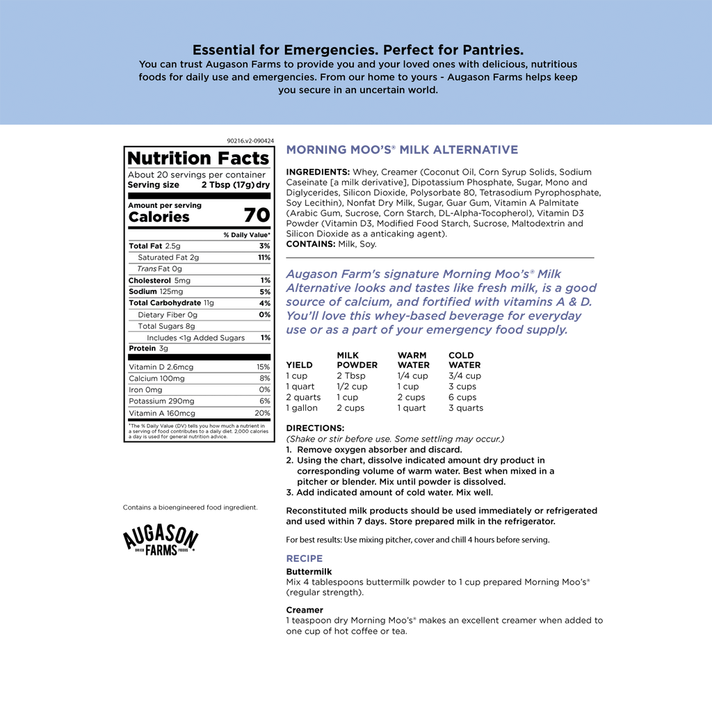 Morning Moo’s Milk Alternative Pouch, 20 Servings - Augason Farms