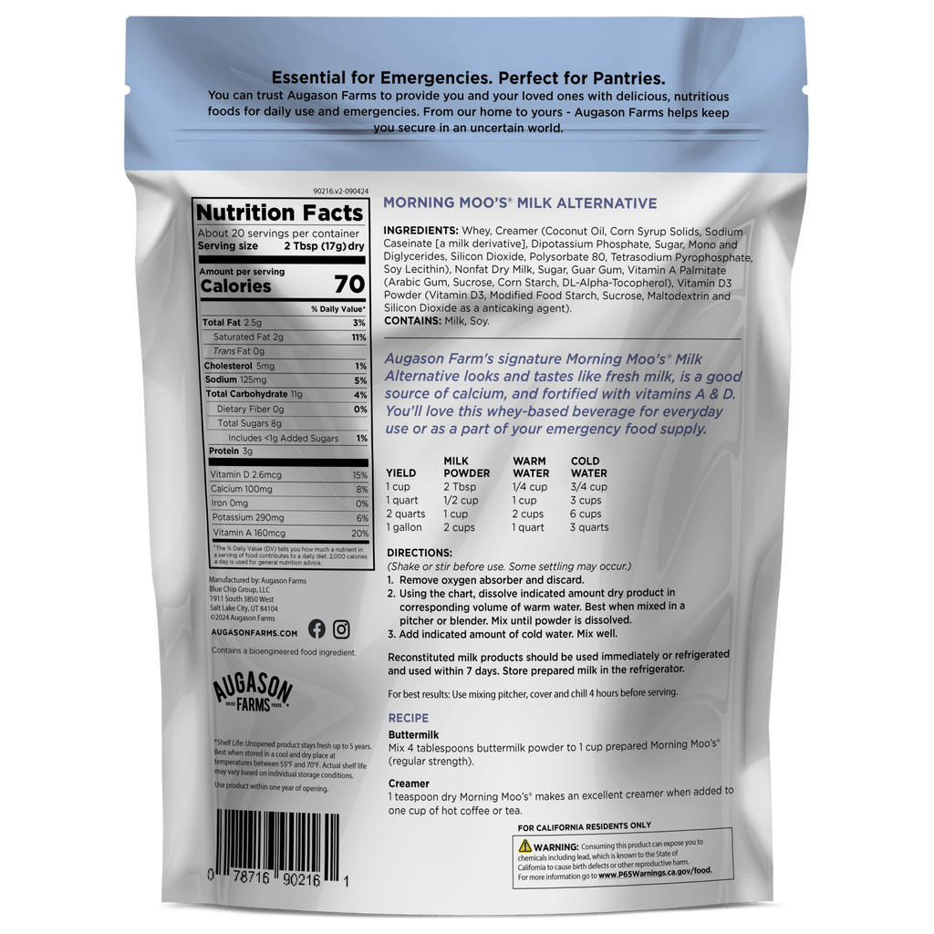 Morning Moo’s Milk Alternative Pouch, 20 Servings - Augason Farms