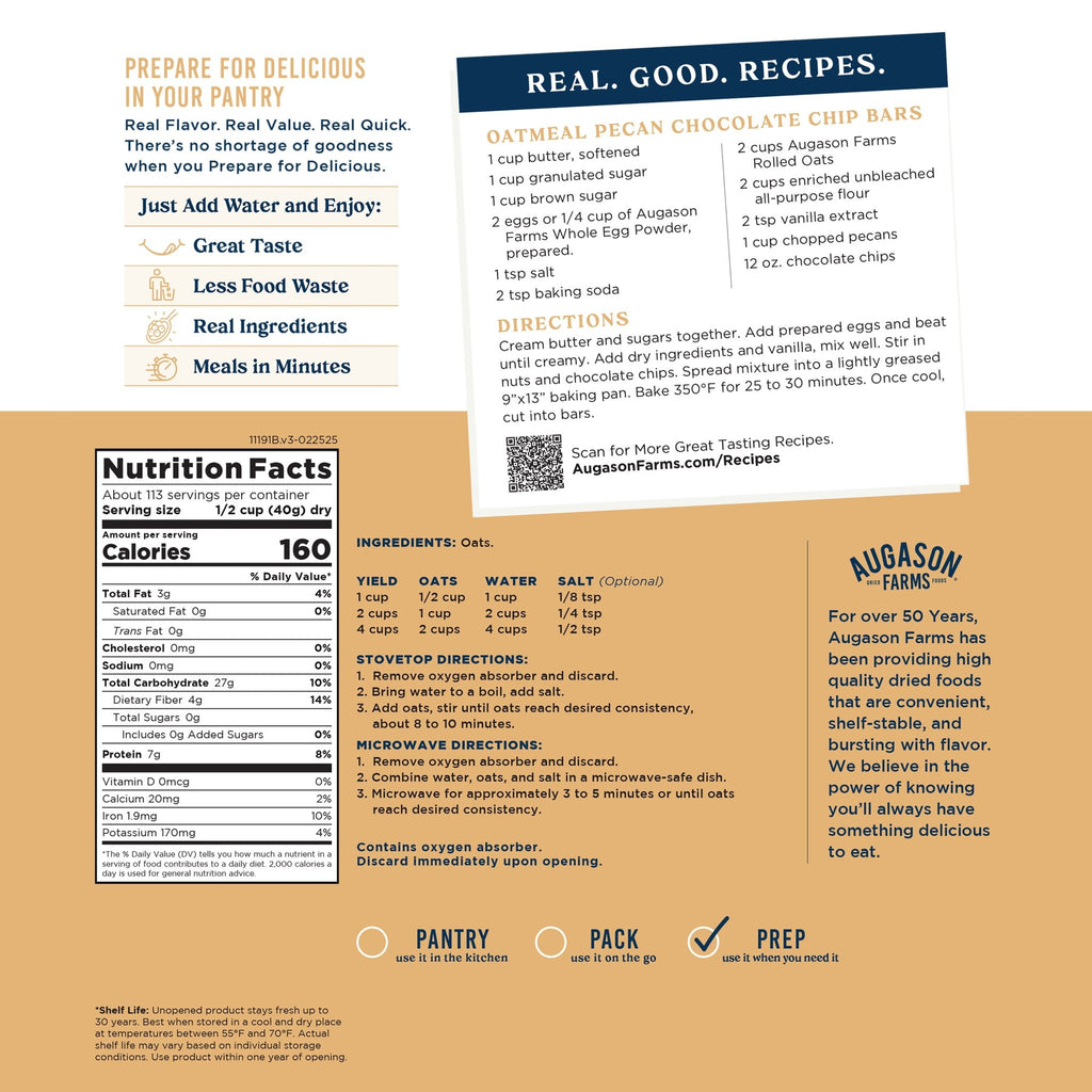 Old Fashioned Rolled Oats 4 Gallon Pail, 113 Servings - Augason Farms