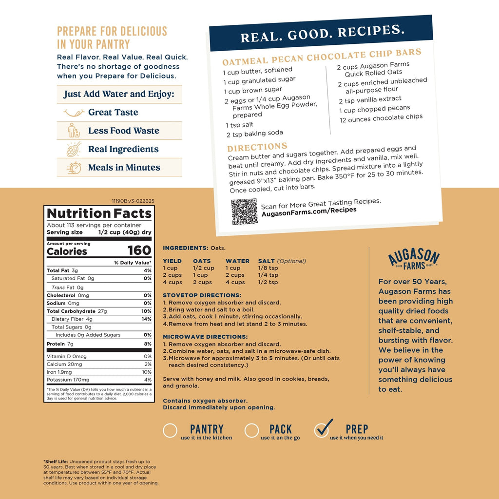 Quick Oats 4 Gallon Pail, 113 Servings - Augason Farms