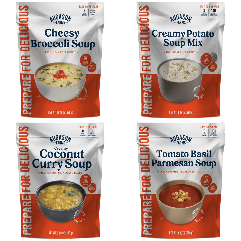 Augason Farms Soup Pouch Variety Pack includes 4 flavors—Cheesy Broccoli, Creamy Potato, Coconut Curry, and Tomato Basil Parmesan—with 32 servings. Great for quick meals or your emergency food supply; just add water and enjoy.