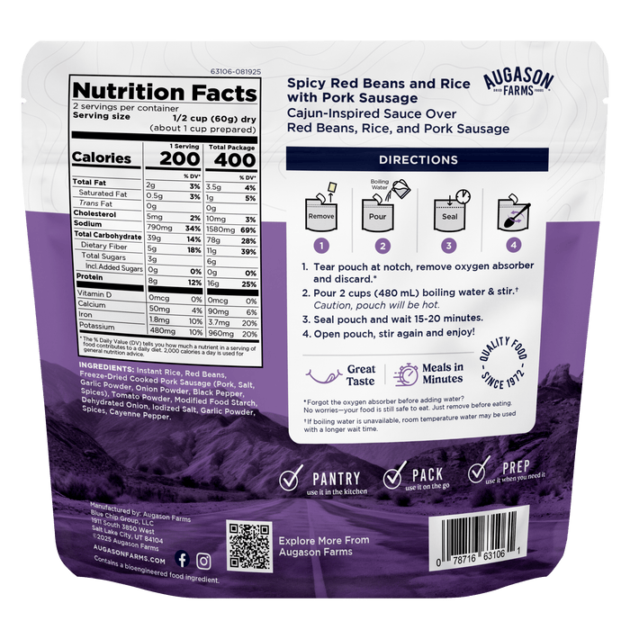 Spicy Red Beans & Rice with Pork Sausage, Cook in Pouch, Outdoor Meal, 2 Servings - Augason Farms