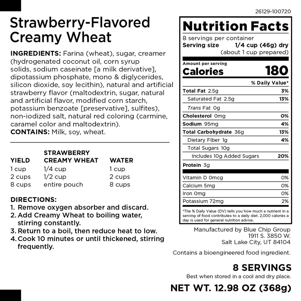 Strawberry - Flavored Creamy Wheat Pouch, 8 Servings - Augason Farms
