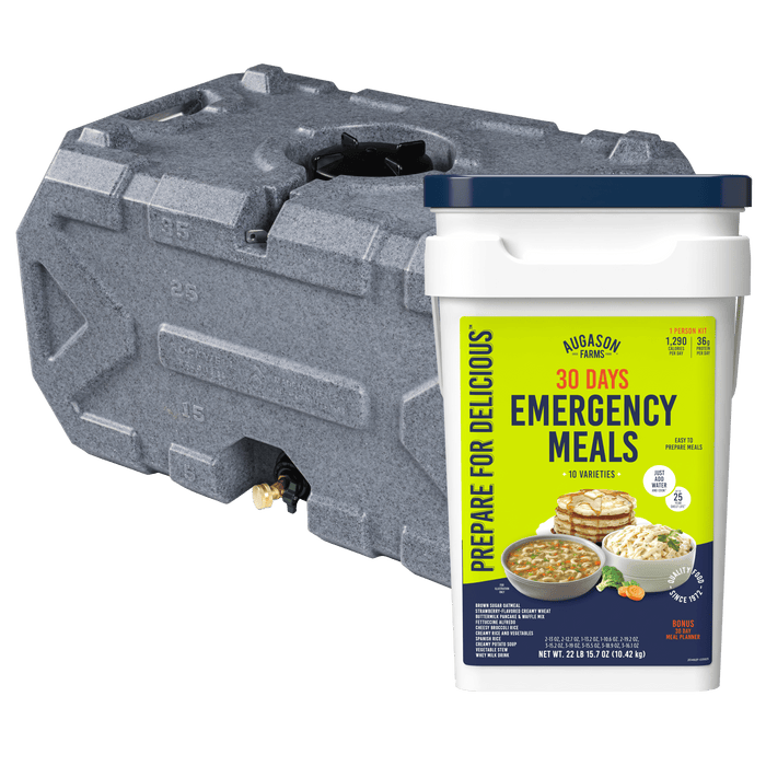 The Rockwell Water Ultimate Emergency Starter Kit includes a large gray 35-gallon water tank and a 1-person 30-day emergency food supply kit, making it a reliable choice for prepping and survival needs.