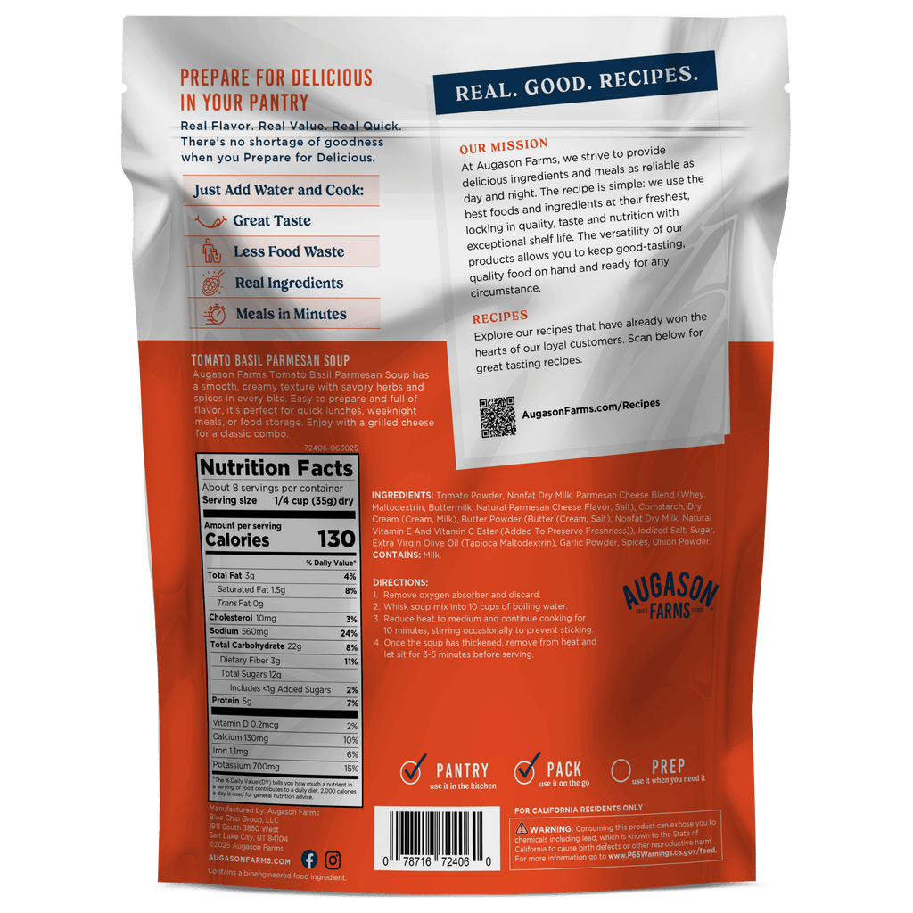 Back of Augason Farms Soup Pouch Variety Pack shows prep steps, nutrition, ingredients, mission statement, and website—4 flavors and 32 servings make it ideal for quick meals or emergency food supplies.