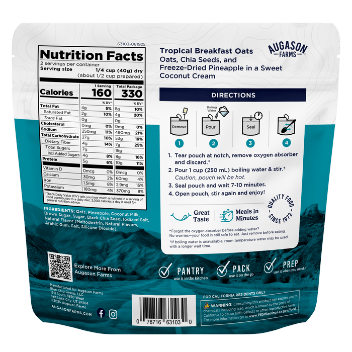Tropical Breakfast Oats, Cook in Pouch, Outdoor Meal, 2 Servings - Augason Farms