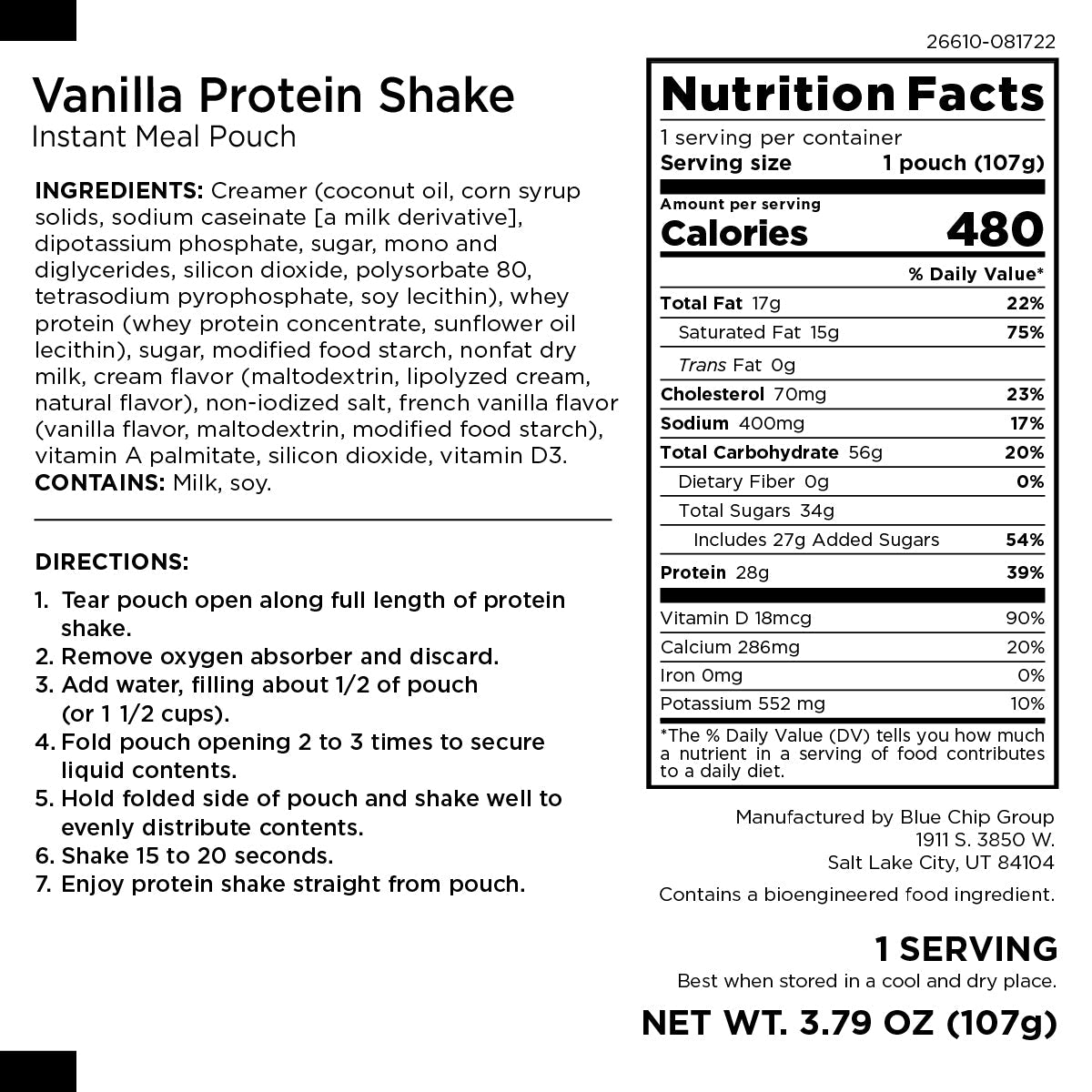 Vanilla Protein Shake, 28g of Protein, 1 Serving - Augason Farms