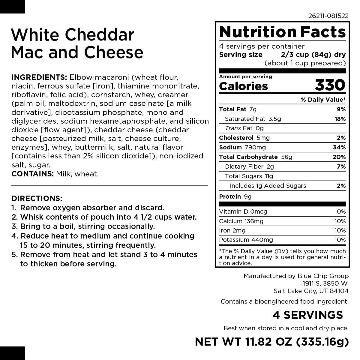 White Cheddar Mac and Cheese 4 Servings - Augason Farms